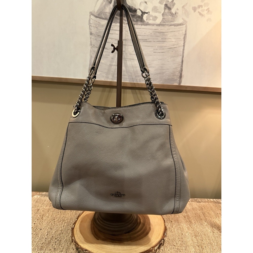 COACH Edie Grey Pebbled Leather Turnlock Shoulder Hand Bag Purse 3 Compartment